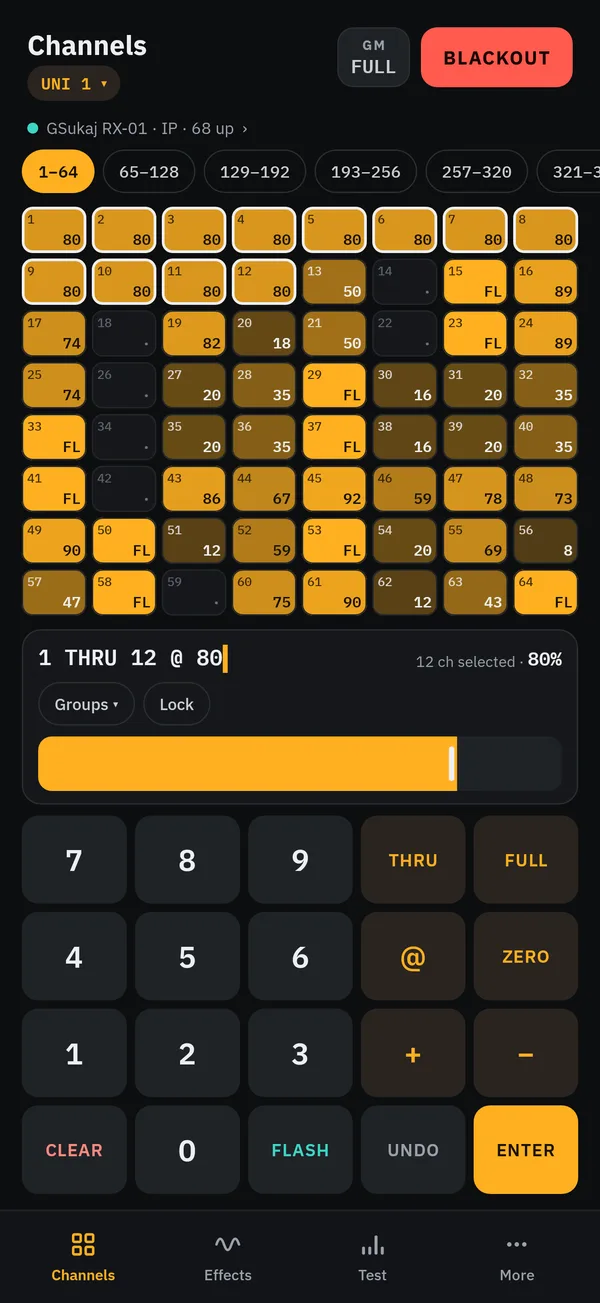 The Channels keypad with channels 1 to 12 at 80 percent
