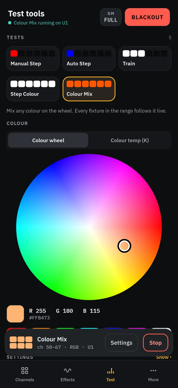 Test tools with Colour Mix running
